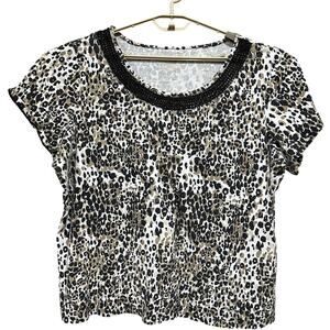 White Stag Women Top Plus 3X Brown Black Leopard Short Sleeves Rhinestone Retro